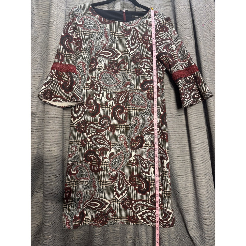 R&K Paisley Print Dress Bell Sleeve Career‎ Casual Brown Gray Size 4